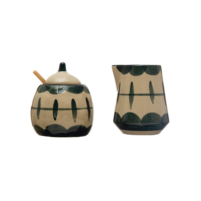 10 oz. Hand-Painted Stoneware Creamer & 10 oz. Sugar Pot w/ Bamboo Spoon, Set of 3